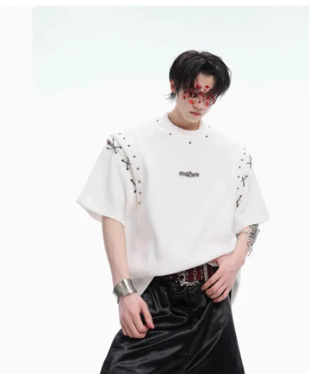 Women's black lace-up cutout short sleeve t-shirt showing side detail