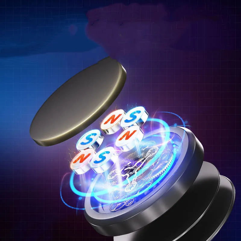 Obsidian black alloy magnetic mobile phone holder with centripetal force design and included magnetic discs.