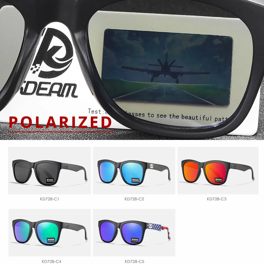 Polarised sunglasses with TAC lenses and PC frame for outdoor driving and fishing.