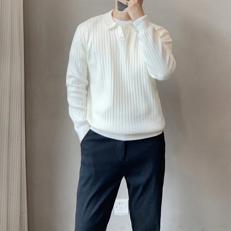 Boys' loose fit striped lapel knitted sweater in modal fabric with long sleeves