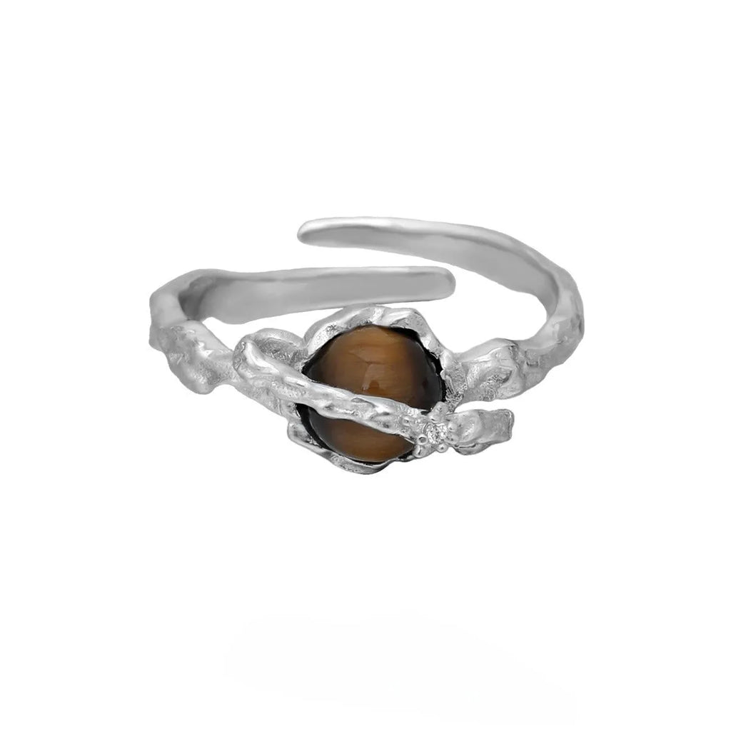 Women's adjustable silver ring with Saturn motif and white gold colour finish