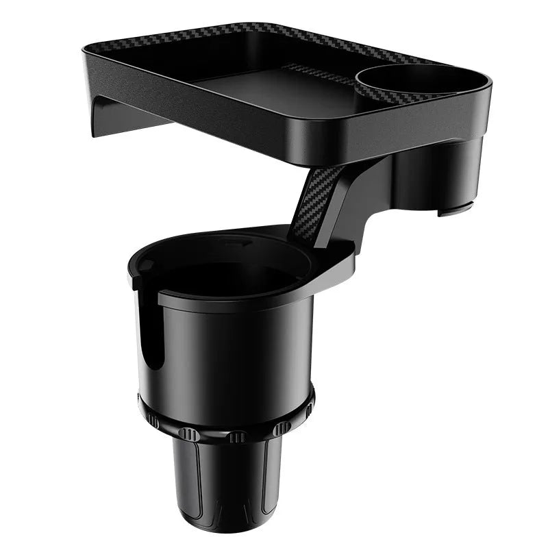 Black car-mounted dinner tray holder with a rotating base, shown inserted into a vehicle cup holder.