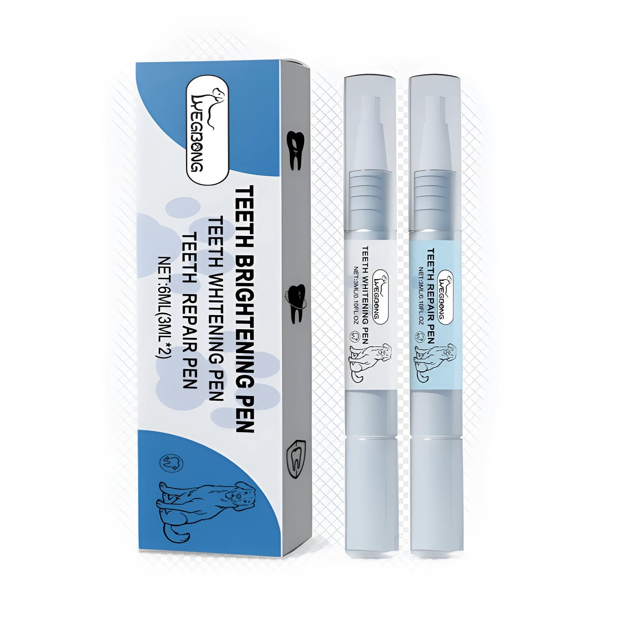 Pet teeth brightening pen set showing whitening and repair pens for dog and cat dental care