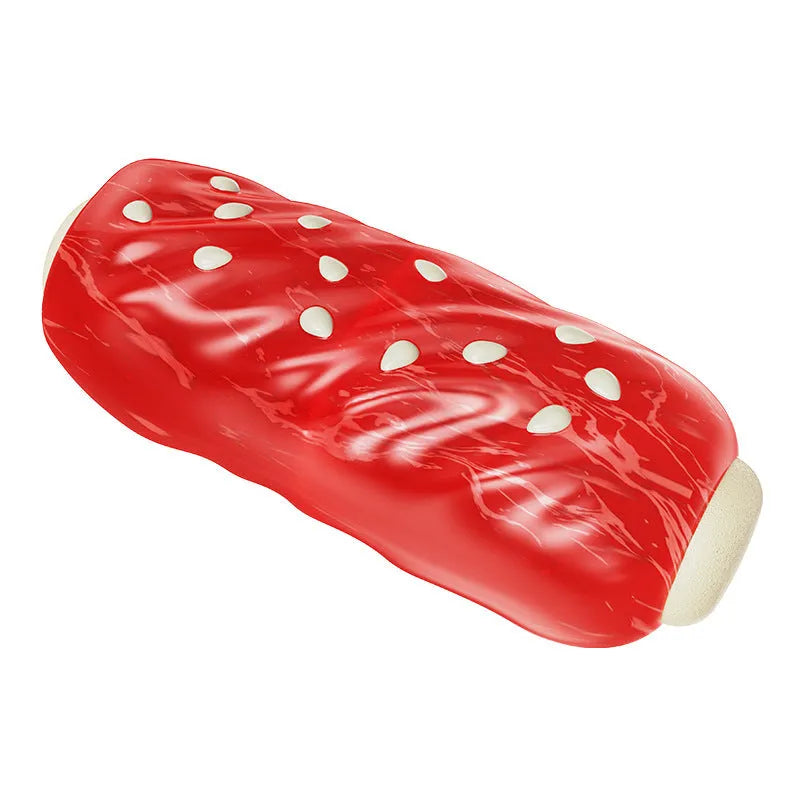 Primary coloured plastic dog chew toy shaped like a textured molar rod and toothbrush.
