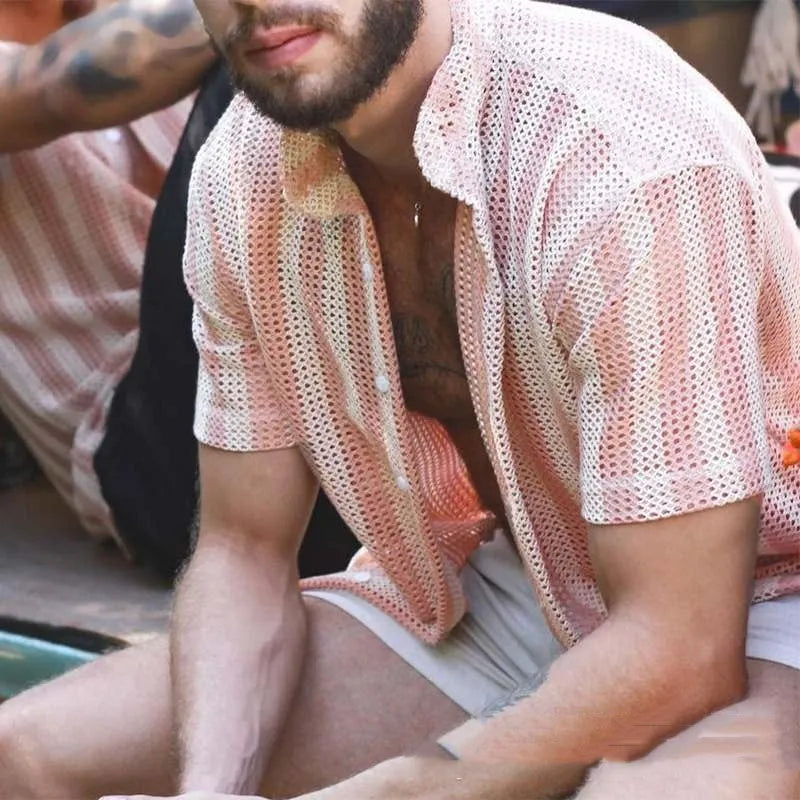 Men's pink short-sleeve cardigan with a loose hole waffle knit texture for summer.