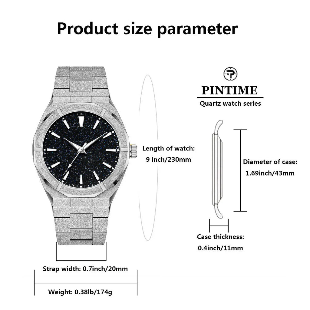Men's frosted stainless steel business watch with luminous markers in silver, gold and black colour options