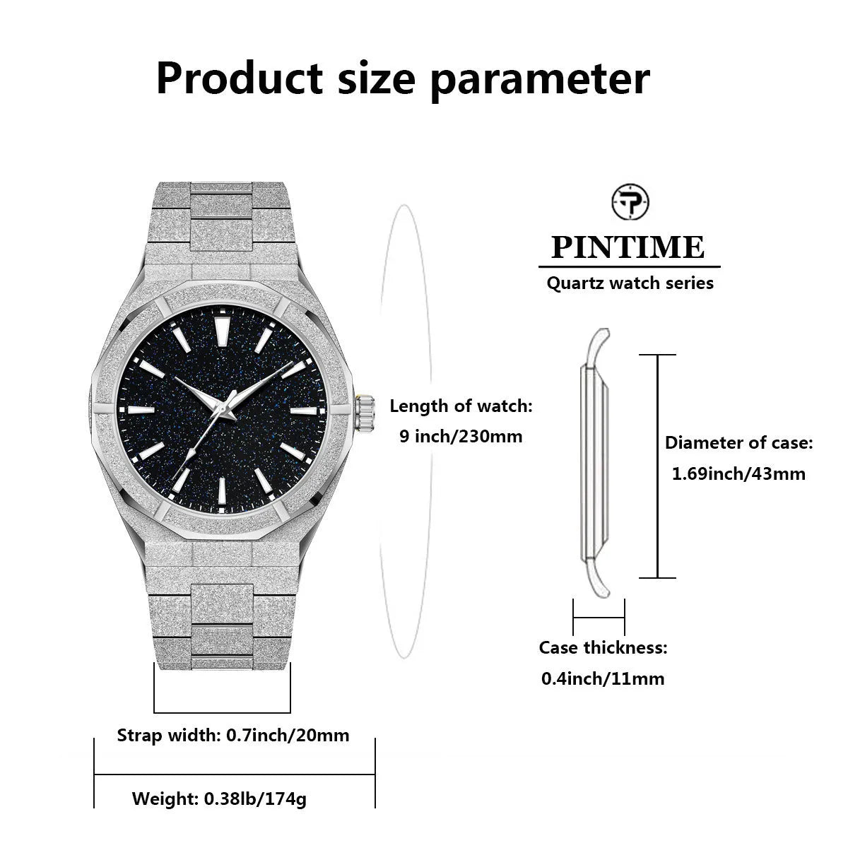 Men's frosted stainless steel business watch with luminous markers in silver, gold and black colour options