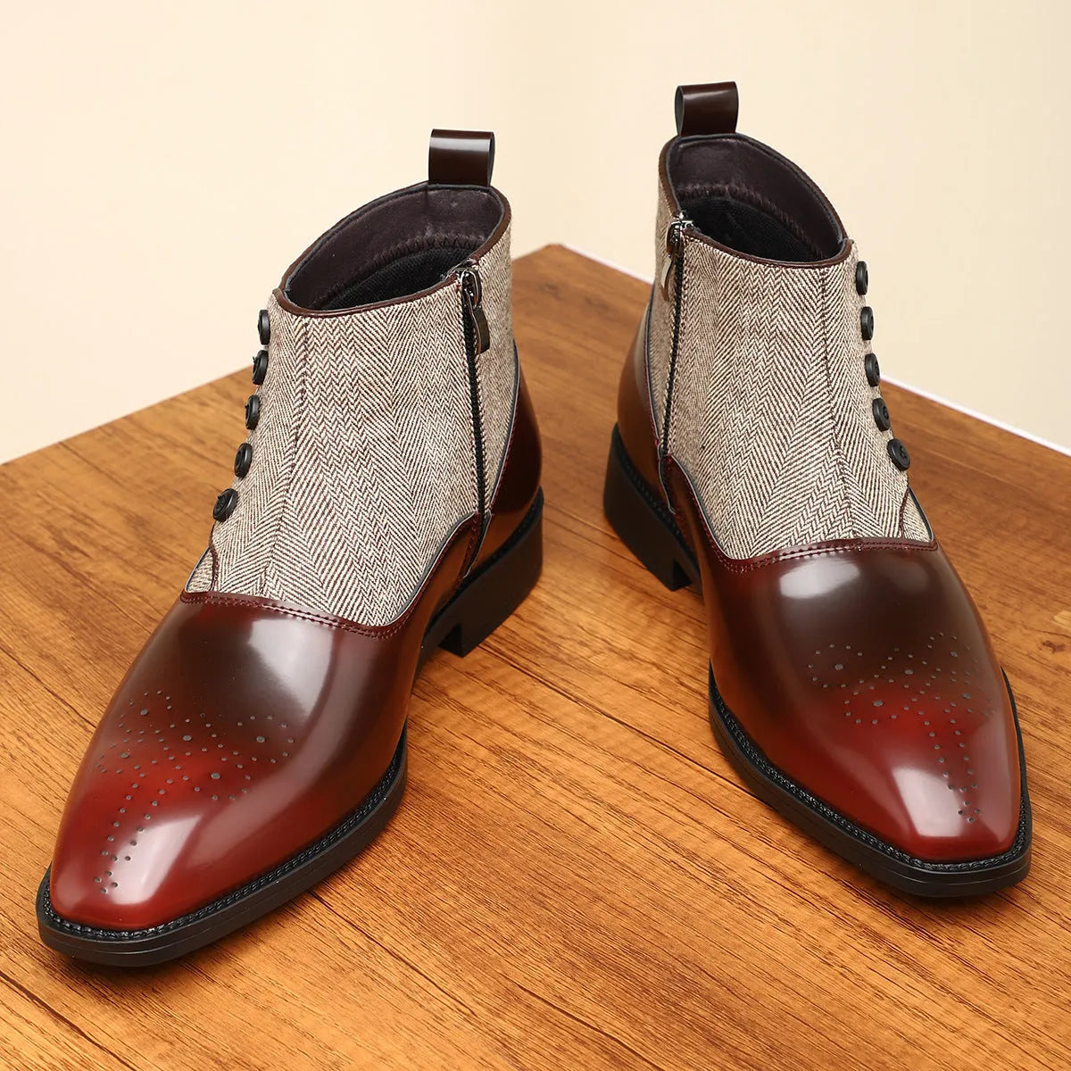 Brown retro men's formal shoe with side zipper, embossed texture, square toe, and low square heel on a plain background.