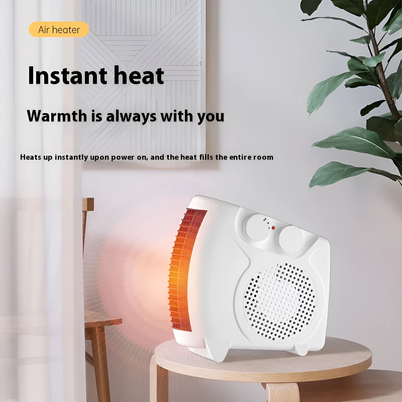 Compact white electric desktop heater with power settings, shown on a desk.
