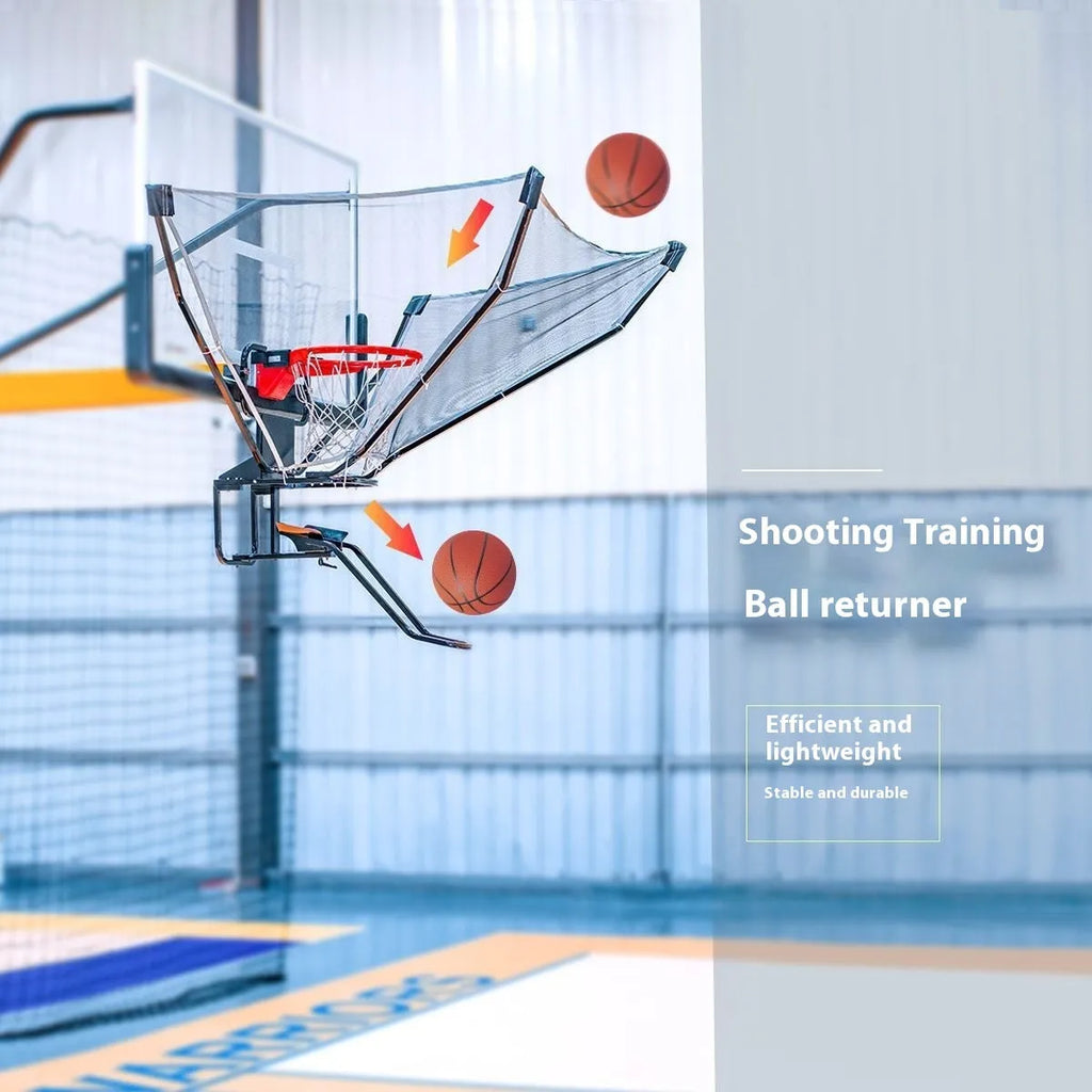Automatic basketball training ball return with cowhide leather components and iron frame, hanging for solo shooting practice.