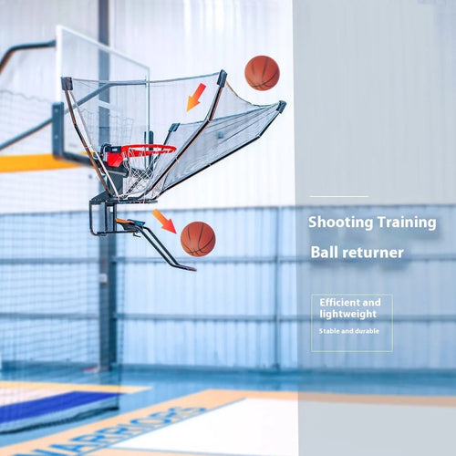 Automatic basketball training ball return with cowhide leather components and iron frame, hanging for solo shooting practice.
