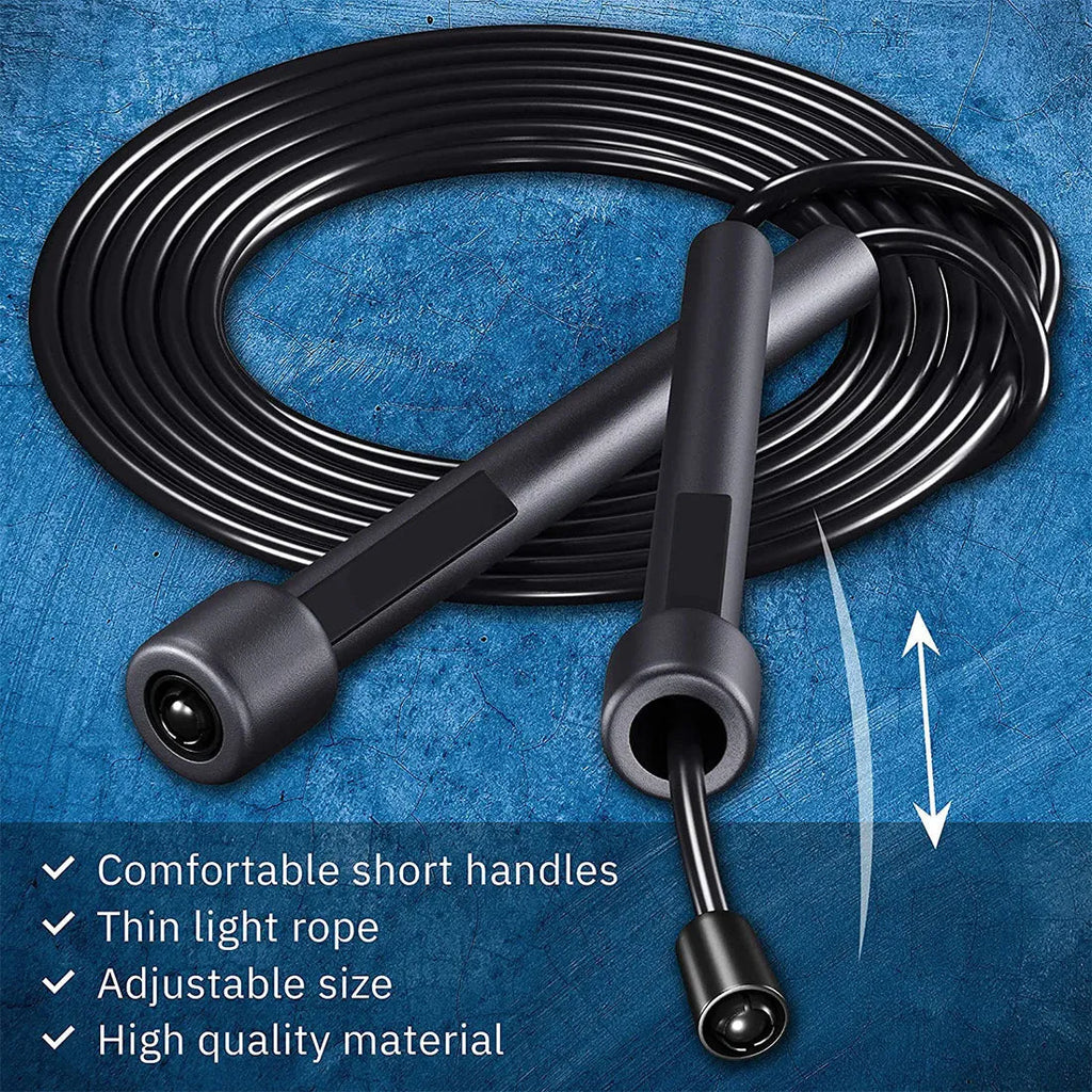 Black PVC skipping rope on floor, 2.8 metres long, for fitness training