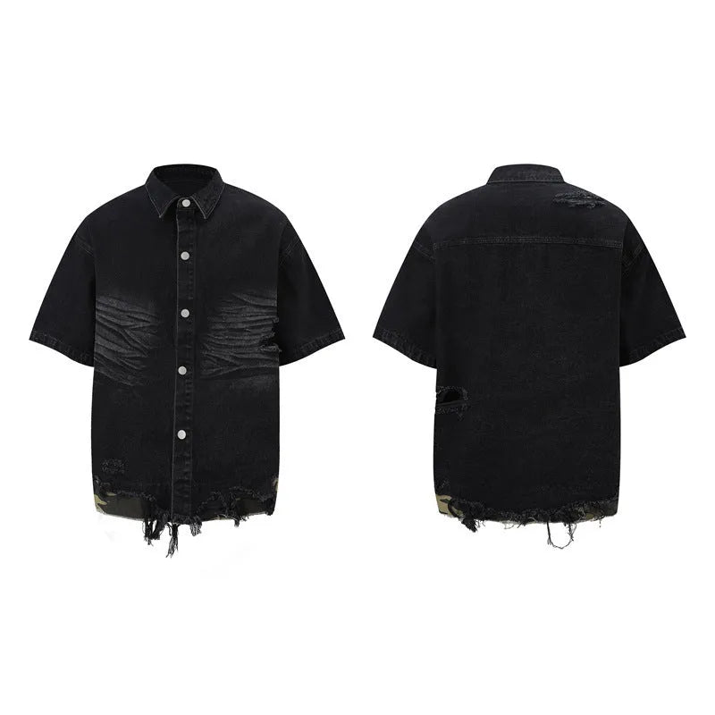 Cut edge stitching leopard print denim short sleeve suit set with black top and shorts
