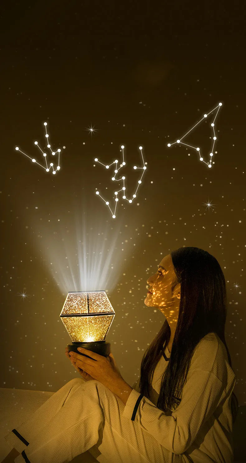 Children's rotating stars LED night light showing star projection effects in bedroom setting
