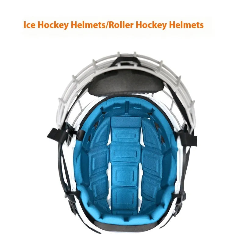 Ice hockey helmet with a carbon steel face mask, shown in size S/M/L/XL, for head protection.