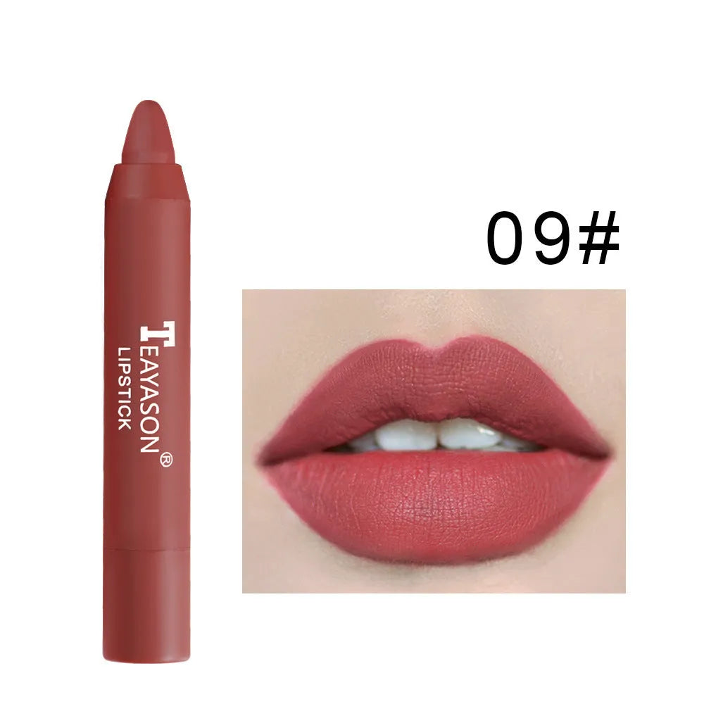 Matte rotating lipstick pen with 12 colour shades in compact 1.8 x 1.8 x 11 cm packaging