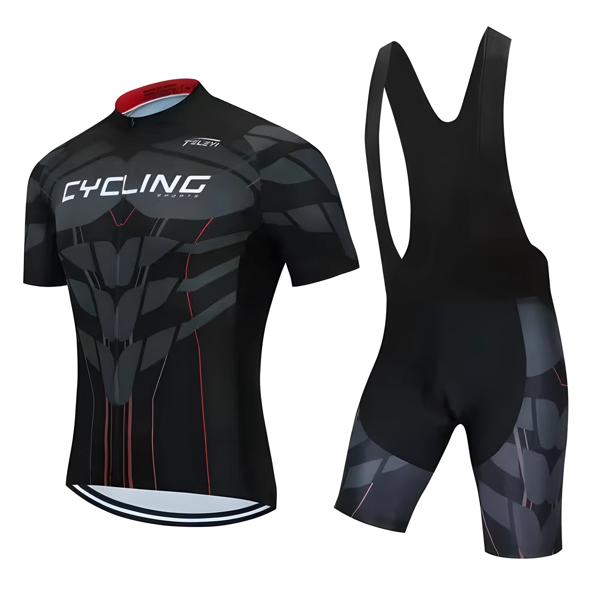 Men's and women's blue cycling jersey and matching pants set for summer road and mountain biking.