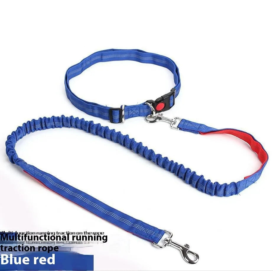 Outdoor running dog leash with night reflective filament sling and elastic adjustment in nylon construction
