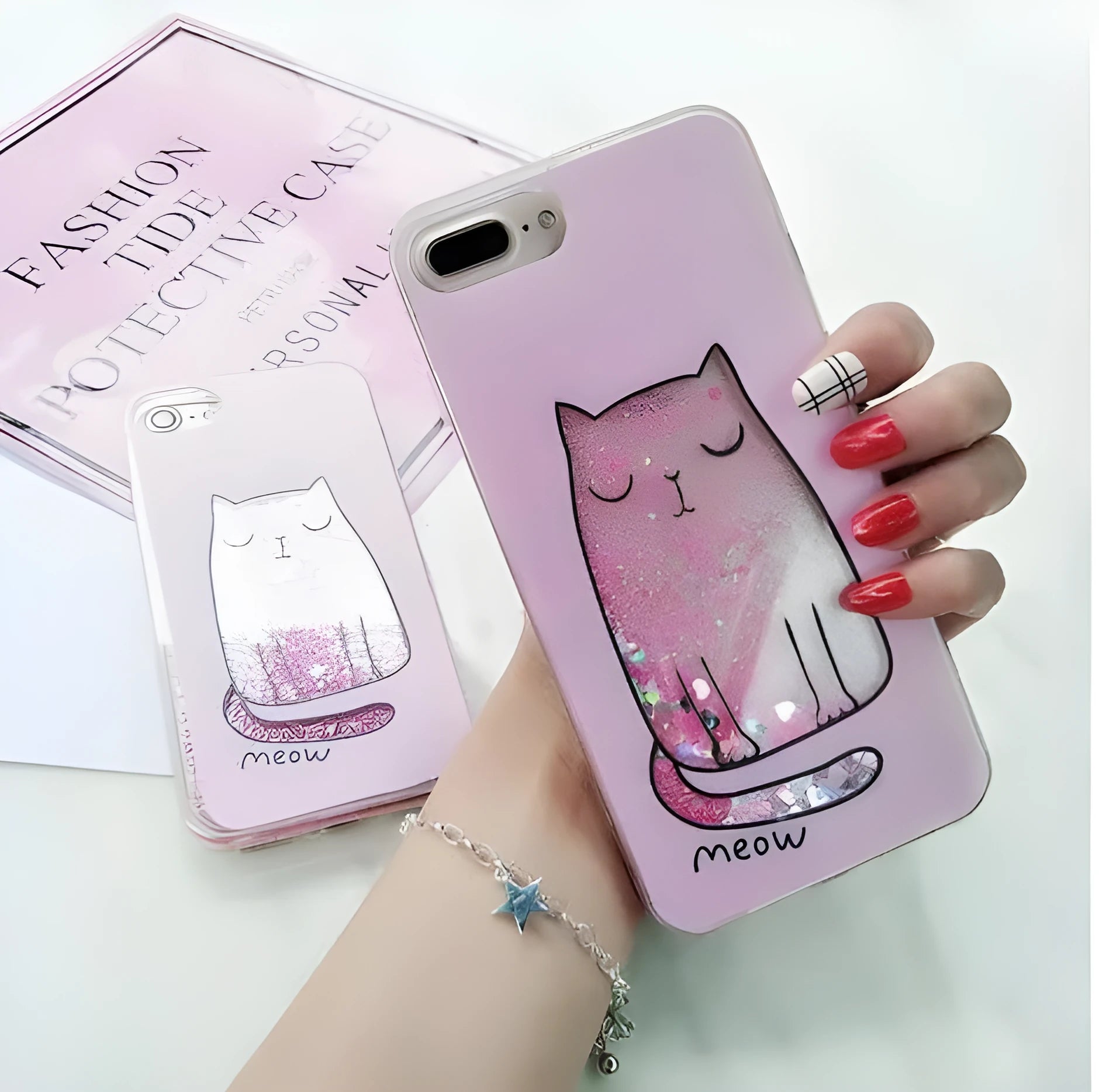 Pack of four glittery cat-themed protective phone cases for iPhone models 6 through X.