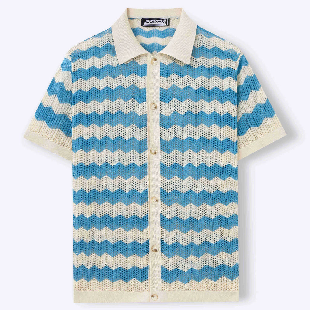 Short sleeve blue jumper with corrugated jacquard texture, made from Tencel viscose for summer.