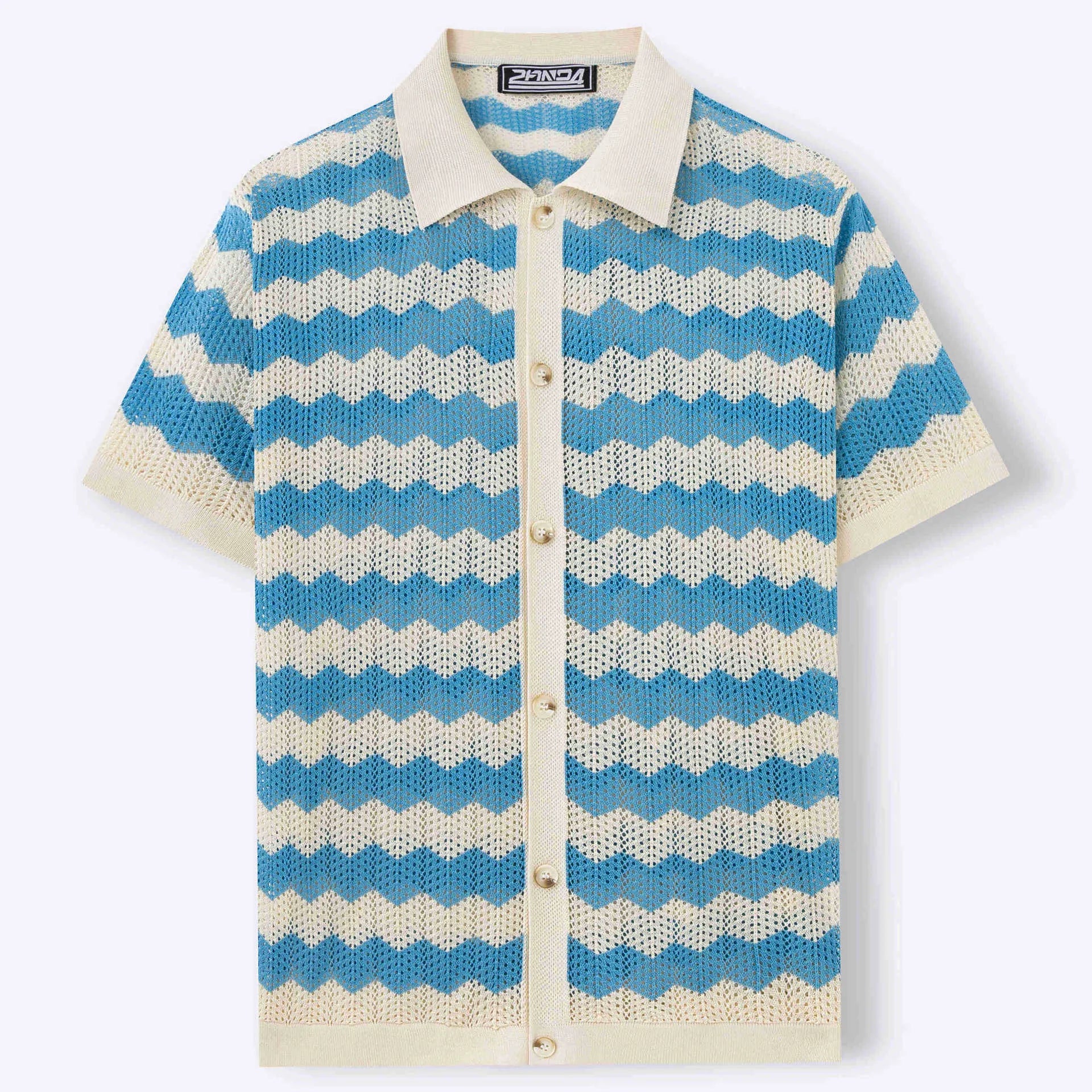 Short sleeve blue jumper with corrugated jacquard texture, made from Tencel viscose for summer.