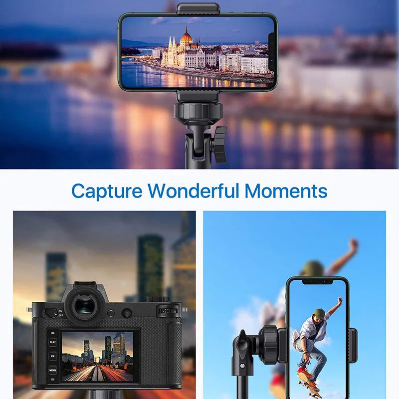 Black aluminium smartphone tripod with five-section legs folded to 45cm
