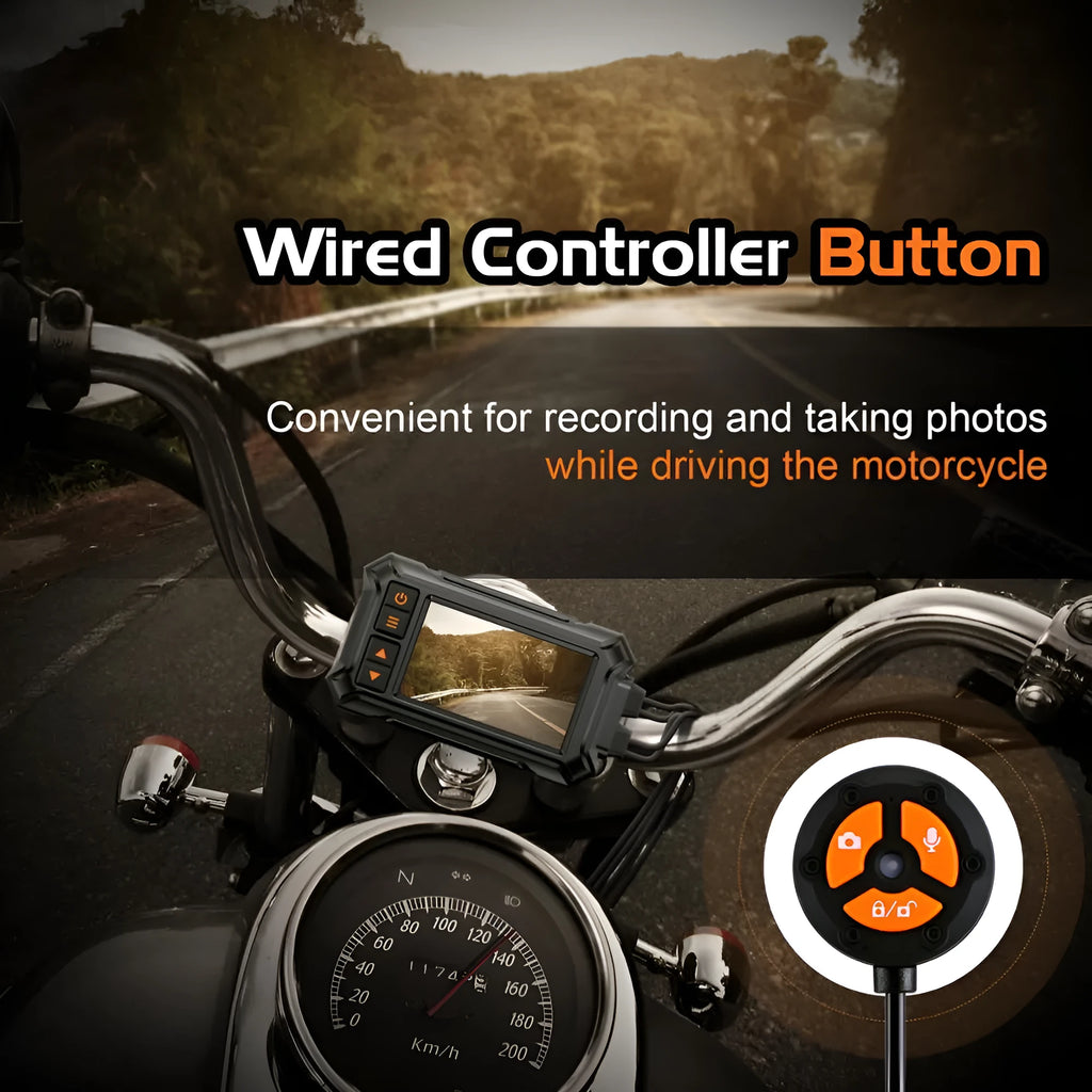 Motorcycle dashcam unit with dual lenses, 3-inch screen, GPS module, and wiring for ACC power connection.