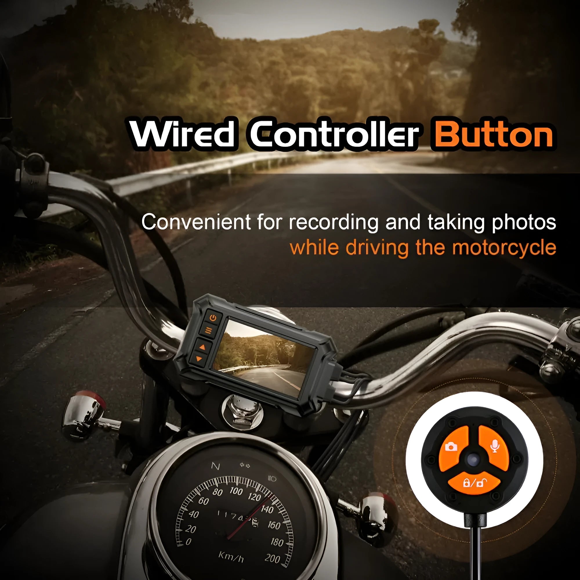 Motorcycle dashcam unit with dual lenses, 3-inch screen, GPS module, and wiring for ACC power connection.