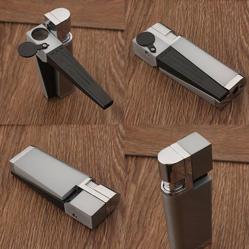 Foldable metal pipe lighter showing stash compartment and lighter mechanism in zinc alloy construction