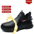 Black high-cut men's work shoes with microfiber leather uppers and rubber anti-slip soles