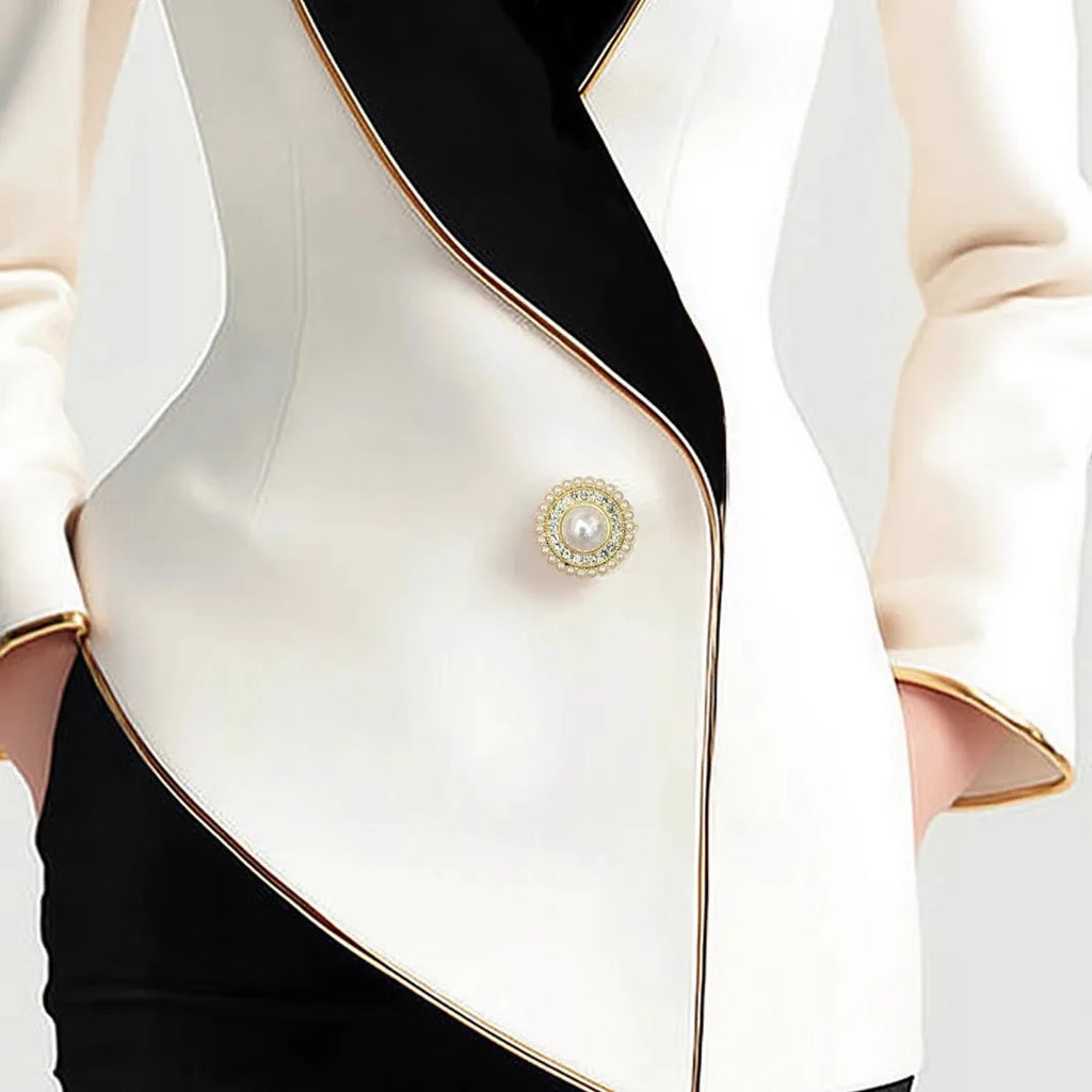 Women's irregular cut coat with golden-edged pearl buttons in milky white TR polyester fabric