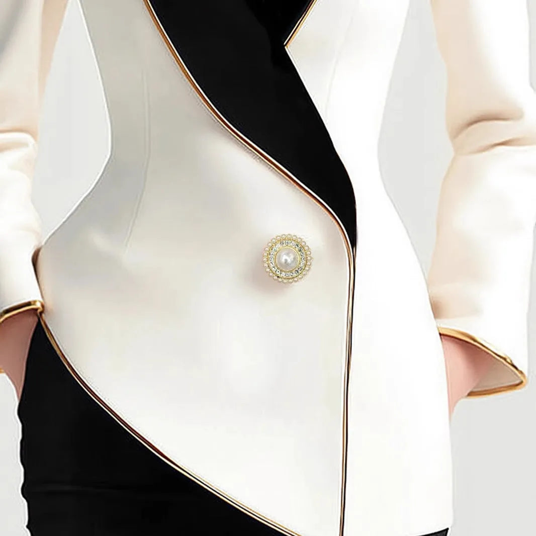 Women's irregular cut coat with golden-edged pearl buttons in milky white TR polyester fabric