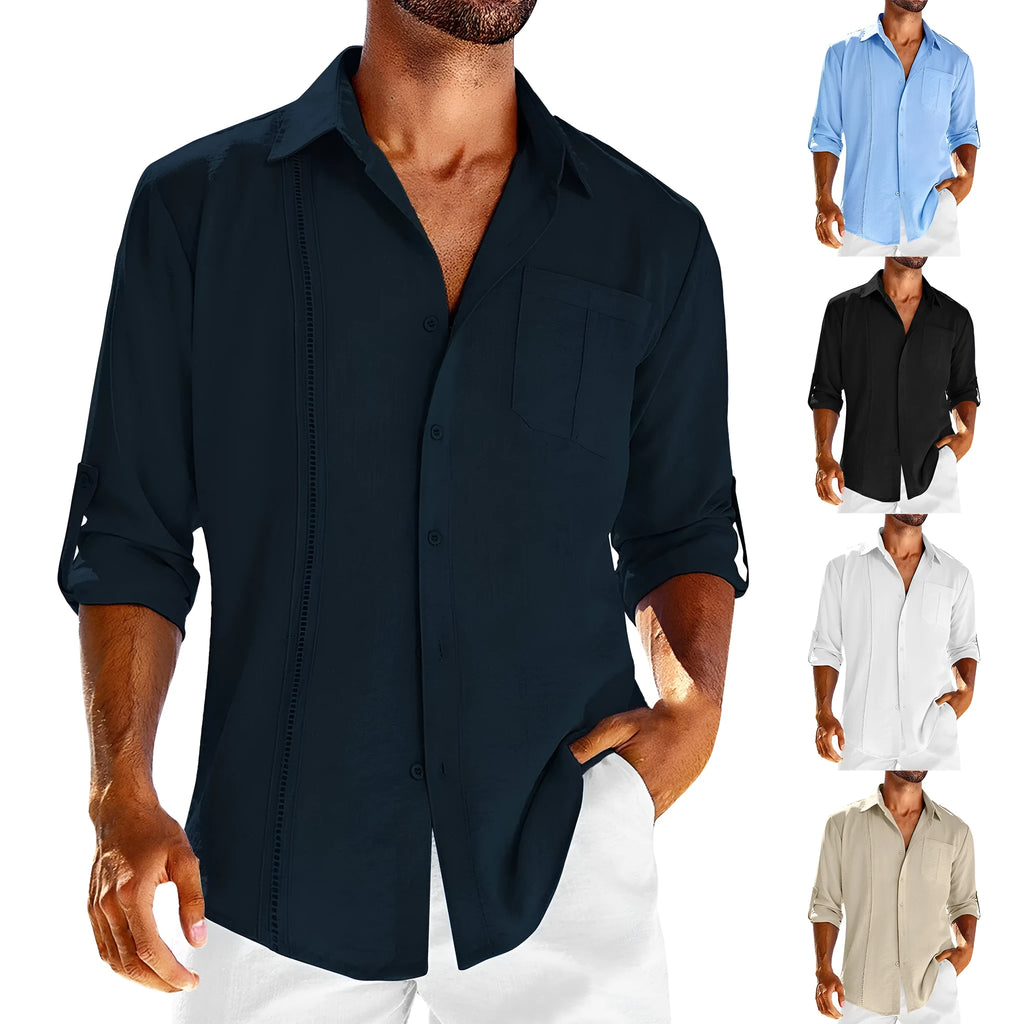 Men's grey casual long sleeve button-up shirt with polo collar and lace-trimmed chest pocket.