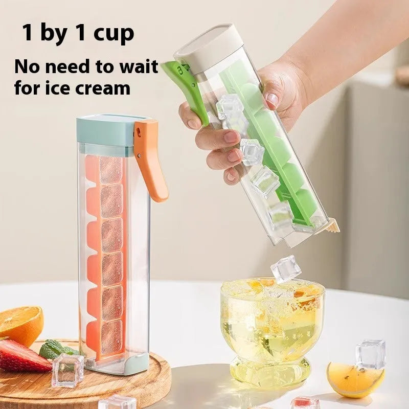 Flexible ice cube tray in Maldives colour with one-touch release and storage box on white surface
