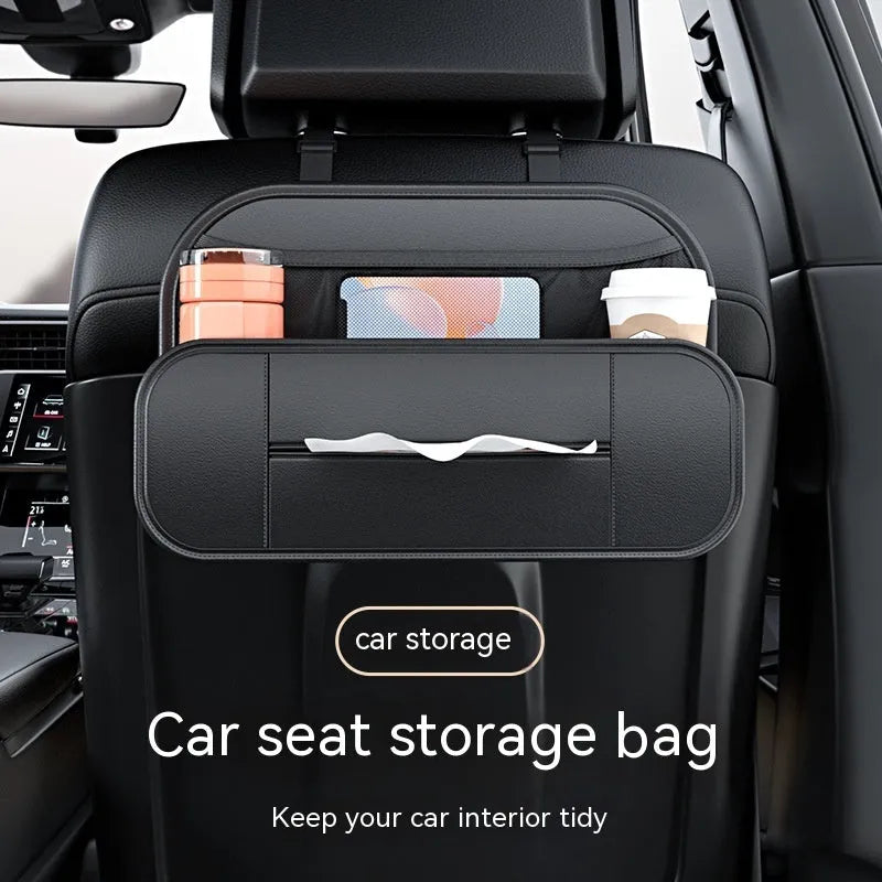 Black leather car seat back storage organiser bag with customisable pockets