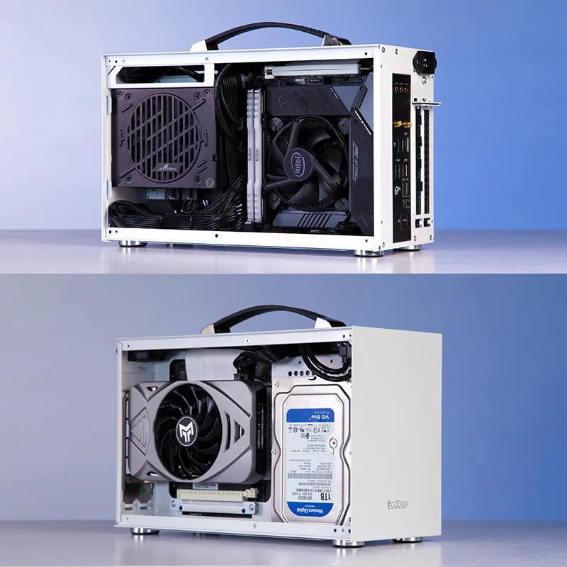 Three Hummingbird Portable mini-ITX desktop computer chassis in titanium grey and white finishes.