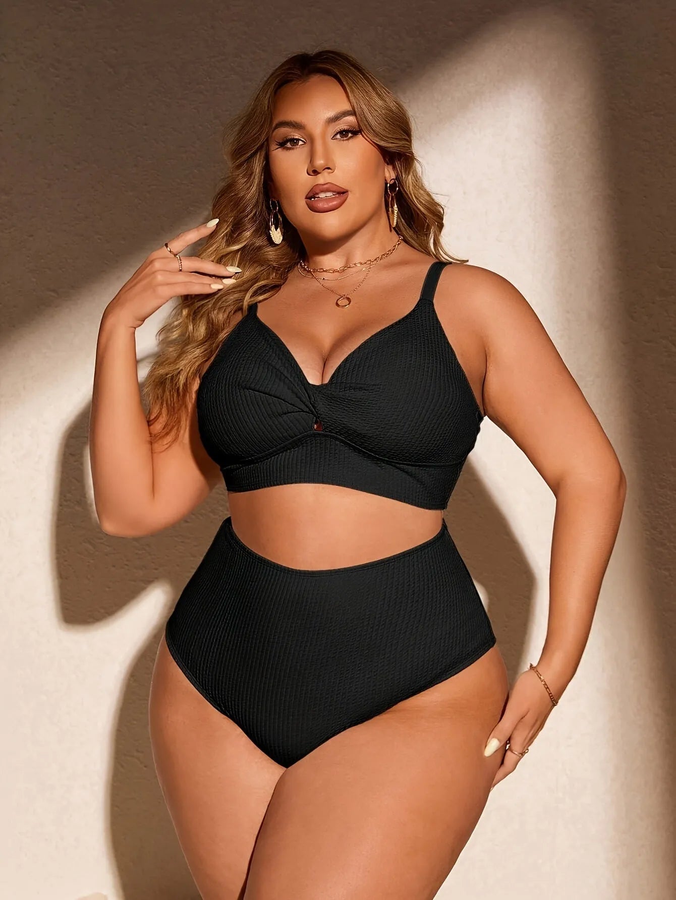 Women's black two-piece bikini set in plus size polypropylene fibre fabric