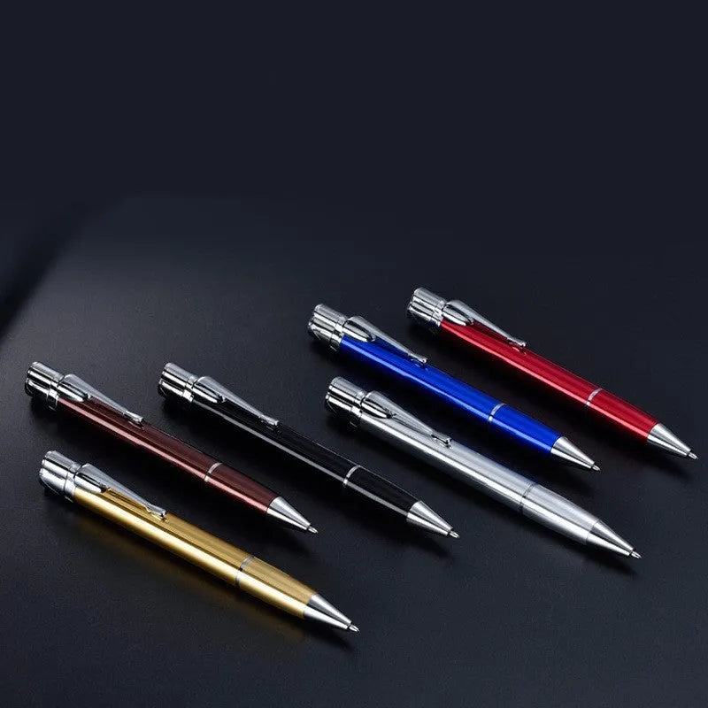 Slim metal windproof pen lighter with jet flame, shown with key chain in selectable colours.