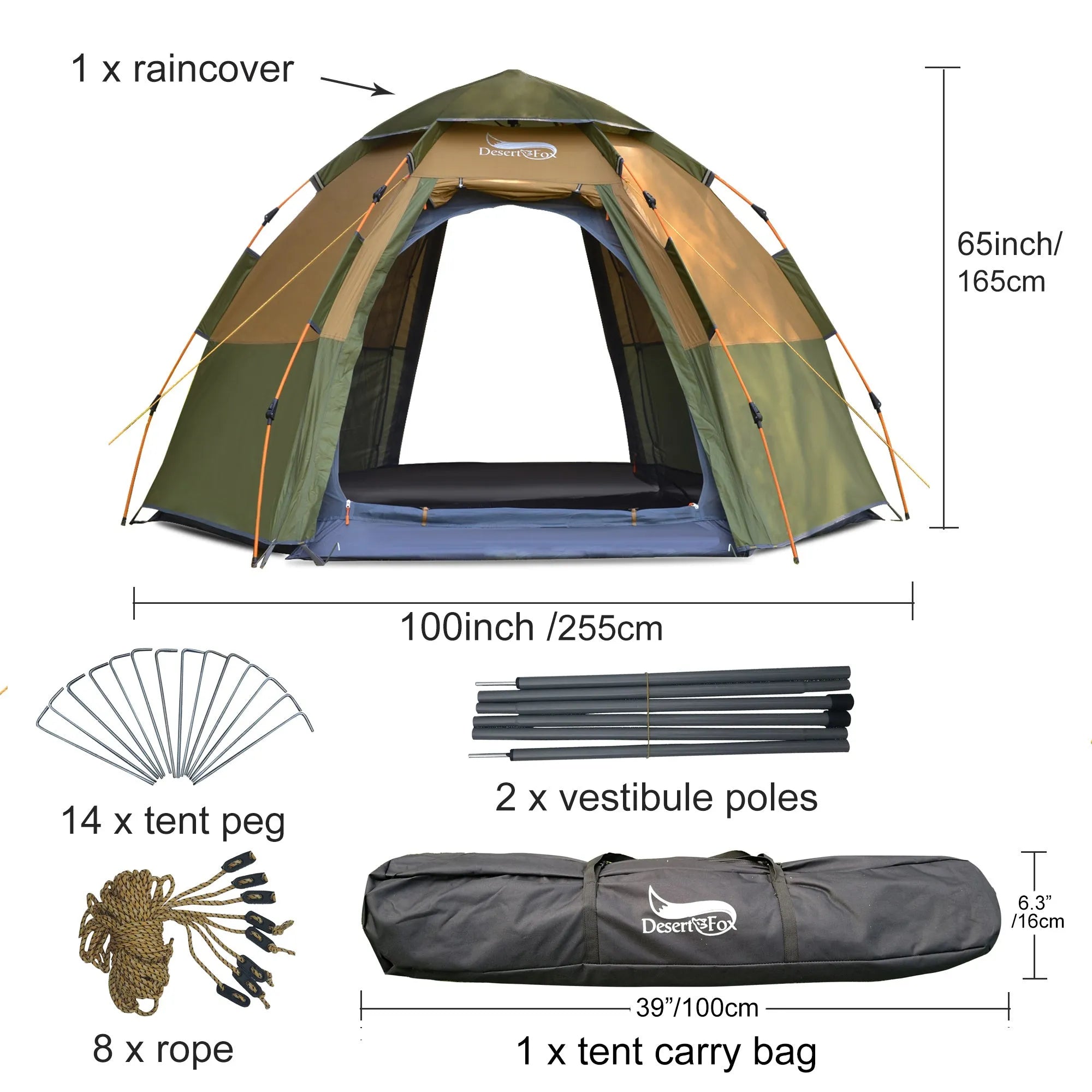 Khaki fully automatic hexagonal camping tent for 5-8 people with rain cover and two entry gates set up outdoors