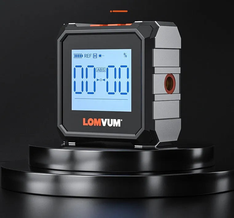 Longyun digital laser inclinometer with alloy casing and backlit display on a wooden workbench.