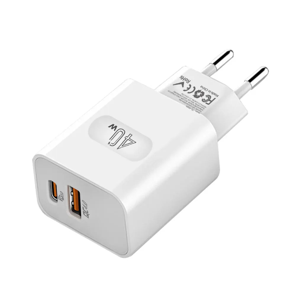 Dual-port USB charger 40W with European and American standard plugs in white and black colour options