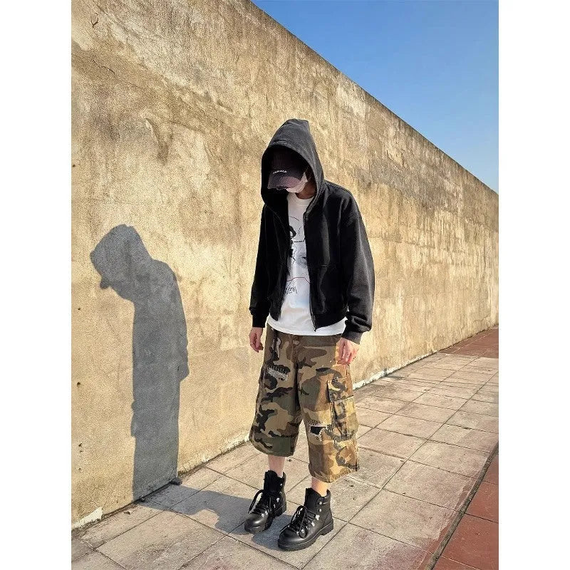 Men's camouflage cropped jeans with patch ripped detailing and straight leg cut