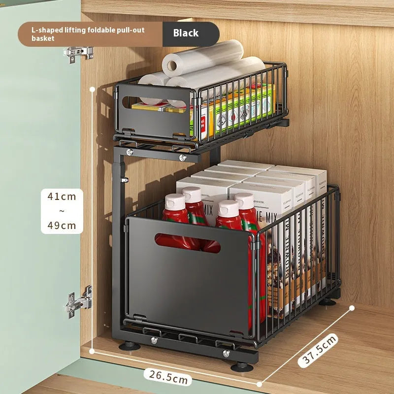 Punch-free folding carbon steel snack storage rack in black on a kitchen countertop