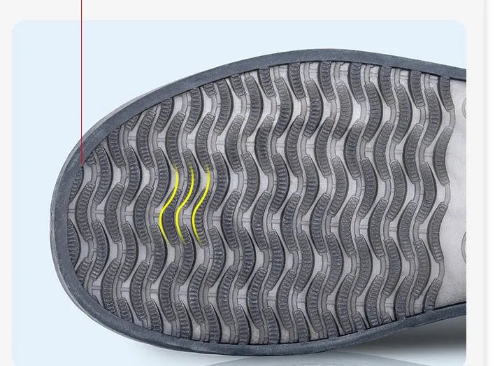 White high-top reusable PVC waterproof shoe covers with anti-skid sole on a wet surface.