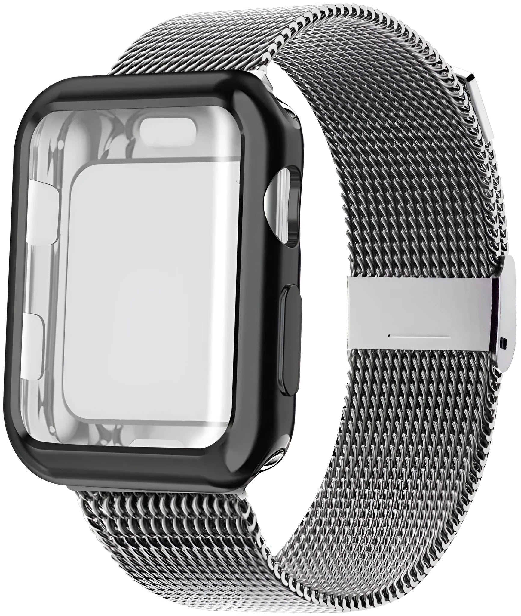 Apple Watch with silver magnetic Milanese loop band showing adjustable magnetic clasp on wrist.