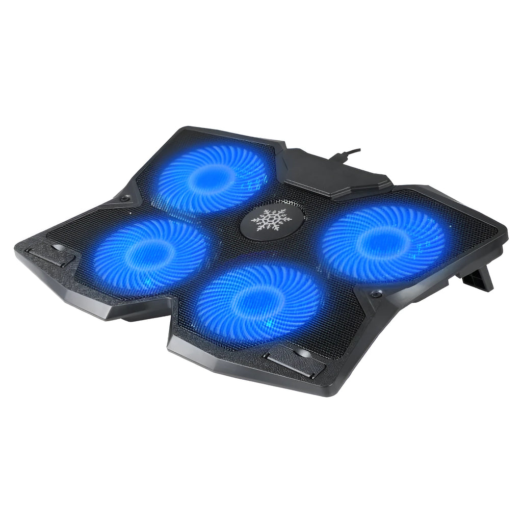 Black plastic laptop cooling stand with four fans, USB powered, measuring 406x297x30mm