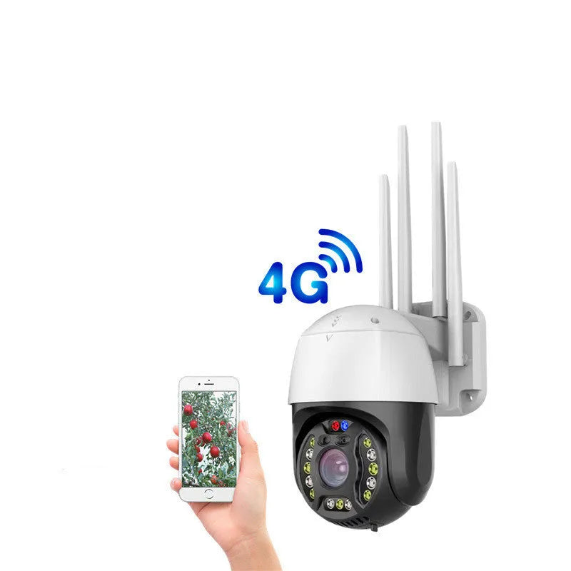 Outdoor dome surveillance camera with 360-degree rotation on a wall mount, showing infrared LEDs for night vision.