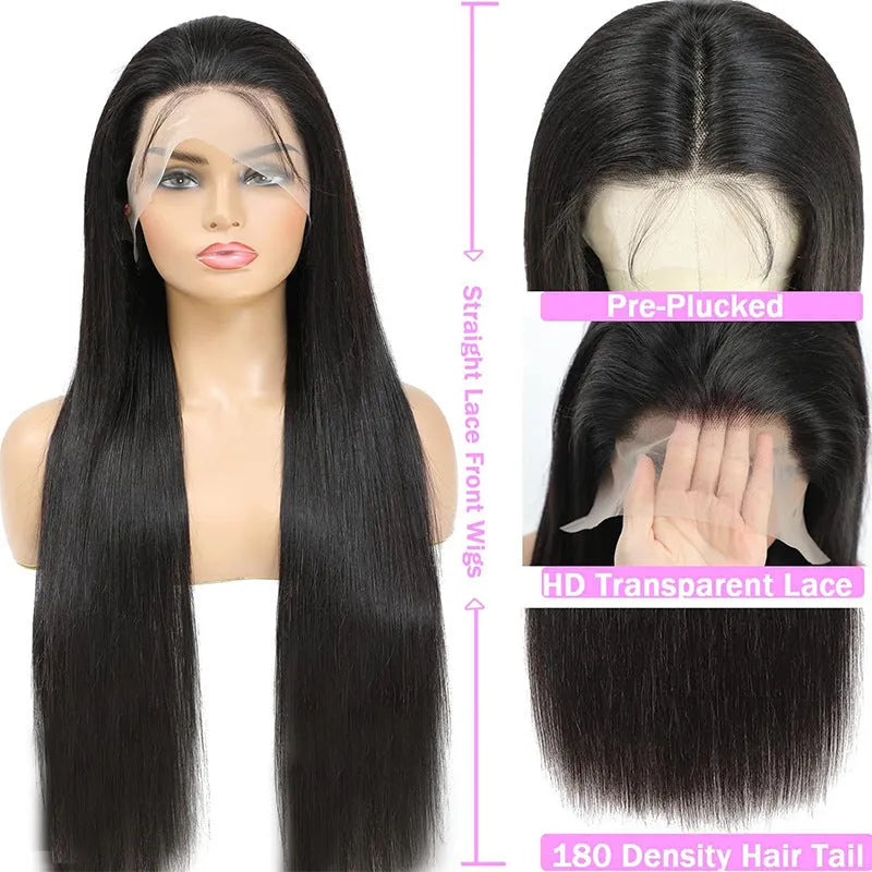 A straight, black, human hair lace front wig with a natural hairline on a 13x6 inch base.