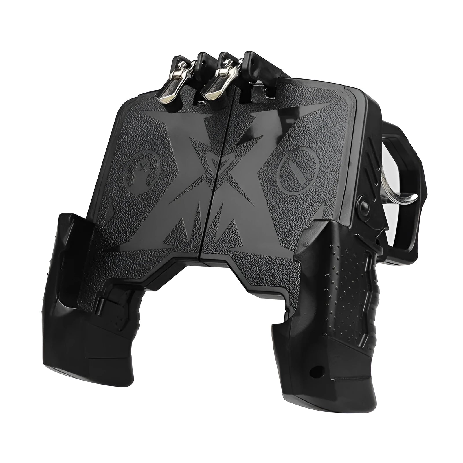 Black mobile phone game handle with USB-C plug and trigger buttons attached to a smartphone.