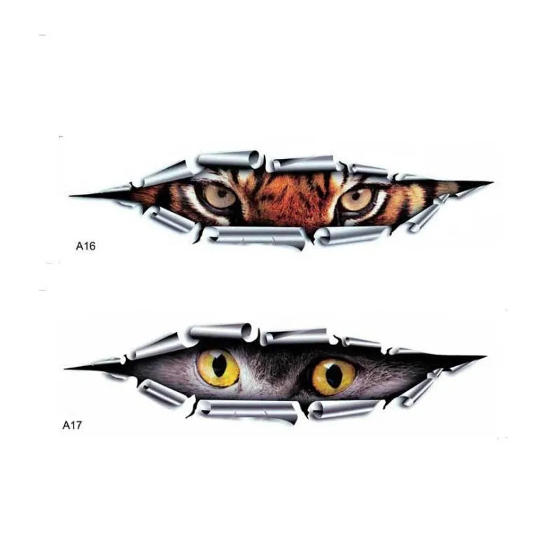 3D Tiger Eye or Eagle Eye pattern car door sticker on a vehicle bumper.